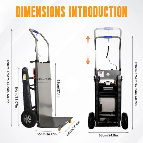 Heavy Duty Electric Stair Climbing Dolly Cart With 1200W Motor And Ergonomic Grip dimensions with measurements and features shown.