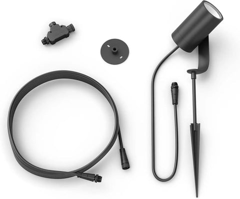 Outdoor Smart LED Spotlight For Color Ambiance, Low Voltage Landscape Lighting, 1 Pack, components shown including cables and mounting stakes.