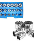 Boss Level 3/8 Inch Drive Penta Spline Socket Set With Sae Metric Sizes And E Torx Compatibility on a blue tray with shiny sockets