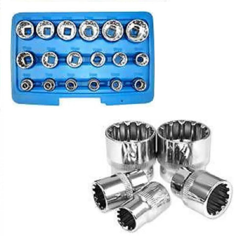 Boss Level 3/8 Inch Drive Penta Spline Socket Set With Sae Metric Sizes And E Torx Compatibility on a blue tray with shiny sockets