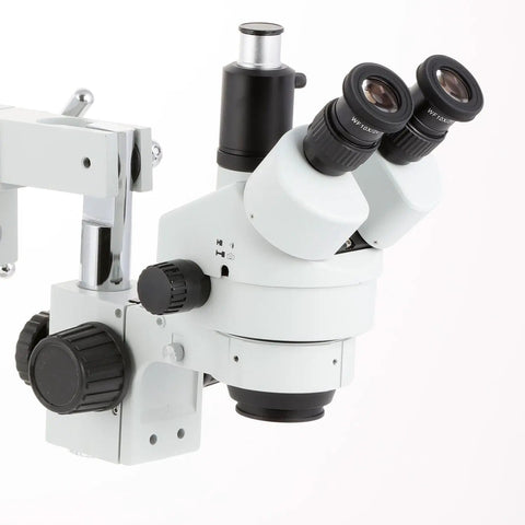 Professional Trinocular Stereo Zoom Microscope With Boom Stand, Long Working Distance, Dual Eyepiece And Trinocular Port For Simultaneous Viewing, Ideal For Circuit Boards, Dental Appliances, And Large Item Inspection; close-up of white stereo microscope with boom stand