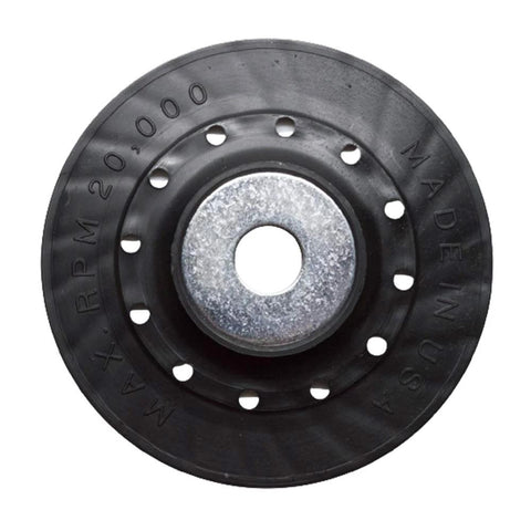 Front view of black plastic 4.5-inch sanding disc backing pad with 7/8-inch arbor.