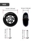 75 By 24mm Luggage Wheel Replacement Kit showing front and side views with axles, dimensions labeled, for carry on trolleys travel cases