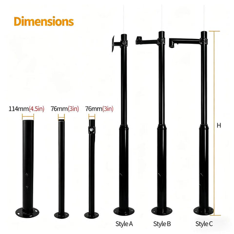 Heavy Duty Outdoor Security Camera Pole Mount Kit With Rebar Cage Bracket For Backyard Walkways And Driveways Built Tough Weatherproof Powder Coated Black Finish For Easy Assembly And Elevated Surveillance 3.5m 138in