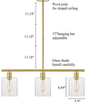Rustic Industrial 3 Light Pendant Chandelier With Clear Glass Shades In Gold Finish dimensions and features diagram