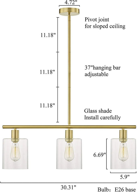 Rustic Industrial 3 Light Pendant Chandelier With Clear Glass Shades In Gold Finish dimensions and features diagram