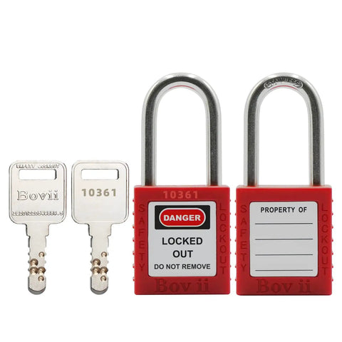 Two red padlocks and keys from Electrical Lockout Tagout Kit With 33 Devices Padlocks Hasps Circuit Breaker Locks Switch Locks Tag Outs And Nylon Storage Bag For OSHA Compliant Hazardous Energy Control On The Job