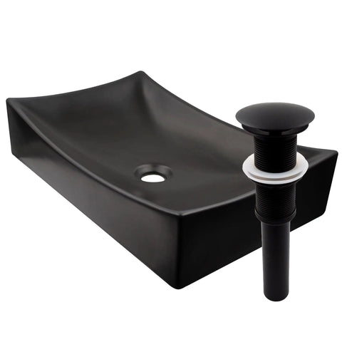 Dope Matte Black Porcelain Vessel Sink No Overflow For Above Counter Mount With Easy Clean Scratch Resistant Non Porous Surface And Standard Plumbing Connections displayed with plug