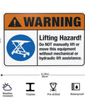Heads Up Lifting Hazard Do Not Manually Lift Or Move This Equipment 8x12 inch warning sign with icons and dimensions.