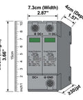 Two Pack 1000V 40KA DC Surge Protector With Lightning Shield And Modular Design Photovoltaic Arrester For Home And Office Use On 35mm DIN Rail Mount DC1000V 2pcs, showing front dimensions.