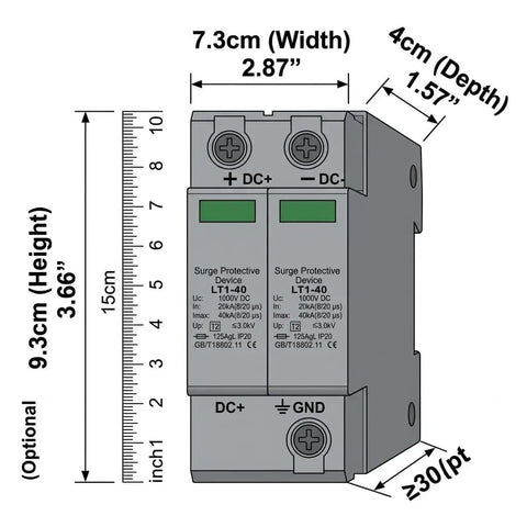Two Pack 1000V 40KA DC Surge Protector With Lightning Shield And Modular Design Photovoltaic Arrester For Home And Office Use On 35mm DIN Rail Mount DC1000V 2pcs, showing front dimensions.