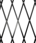 Heavy Duty Double Folding Security Gate Built Like A Tank For Garage And Warehouse With Rock Solid Expandable Metal Scissor Design and Four Lockable Rolling Casters close-up of black metal scissor design