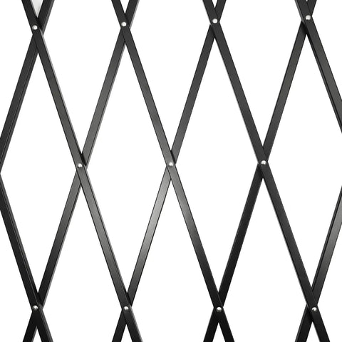 Heavy Duty Double Folding Security Gate Built Like A Tank For Garage And Warehouse With Rock Solid Expandable Metal Scissor Design and Four Lockable Rolling Casters close-up of black metal scissor design