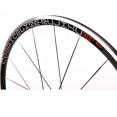 Close-up of 700C Road Bike Wheelset With 30mm Deep Rim For Street Speed, showing spokes and graphic lettering on rim.