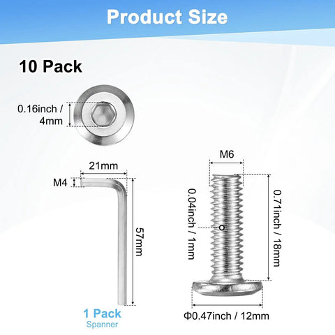 Big Stack 10 Pack Flat Head Bolt Fasteners M6 X 18mm 304 Stainless Steel Hex Drive Kit With Allen Key Included For Machine And Home Build Heavy Duty Fixups Full Thread Tough Screws Perfect Gear For Your Next Project Job Site Needs, size chart with 10 pack and Allen key