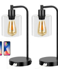Touch Control Table Lamps Set of 2 With USB Ports And AC Outlet UL Listed 3 Way Dimmable Vintage Glass Shade Bedside Lamps