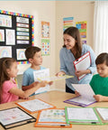 Teacher and children use 8 Pack Dry Erase Pocket Sleeves 10 By 14 Inches Reusable Clear Plastic Sheet Protectors in classroom