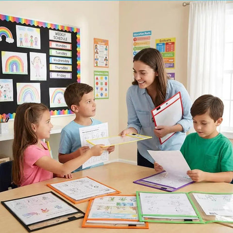 Teacher and children use 8 Pack Dry Erase Pocket Sleeves 10 By 14 Inches Reusable Clear Plastic Sheet Protectors in classroom