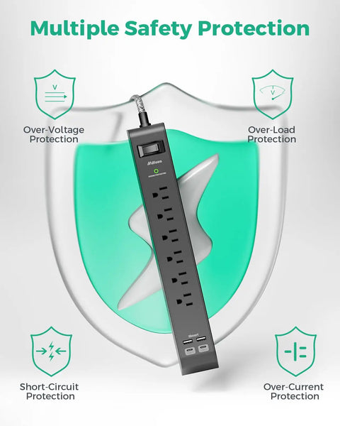 Image of a Two Pack Surge Protector Power Strips With Six Outlets And Four USB Ports, featuring multiple safety protection symbols.