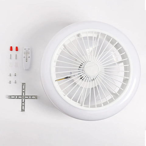 Dope Modern Ceiling Fan With Lights And Remote Control Round LED Fixture With Acrylic Lampshade top view and accessories