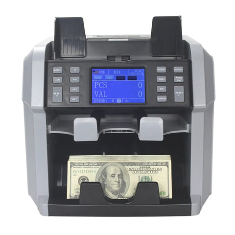 No Sweat Straight Up Fast Money Counter Machine With Bright Touch Screen Multi Currency Bill Sorting And Built In Printer For Legit Busy Retail Shops displaying a front view with touchscreen and a bill inserted.