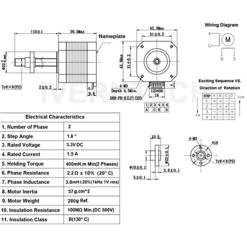 NEMA 17 stepper motor with integrated 150mm T8 lead screw; engineering schematic with dimensions.