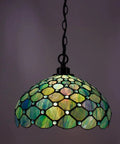 Sea Blue Pearl Tiffany Style Stained Glass Pendant Light With Swag Chain Ceiling Fixture, 12x12x34 Inch, glowing in dark setting