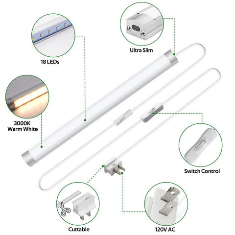 Under Cabinet Lighting Kit Dimmable 12 Inch LED Closet Lights With Plug In And Hardwired Options Linkable For Kitchen Shelf Workbench Desk Cupboard Garage Six Pack Warm White 3000K Ultra Slim 1080 Lumen showing components and features.