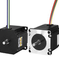 Two YEJMKJ black dual-shaft NEMA23 stepper motors with cables; front and side views.