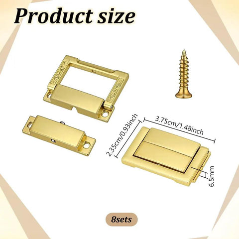 8 Pack Small Matte Gold Toggle Latch Locks dimensions for jewelry boxes and tiny chests, including detailed measurements.