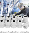All Weather Nylon Cable Gland Kit 10 Pack For Outdoor Industrial Wiring IP68 Sealed Strain Relief PG7 To PG21 Range PG13.5 Compatible Plastic Connectors For Junction Boxes shown with technician in industrial setting.