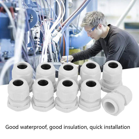 All Weather Nylon Cable Gland Kit 10 Pack For Outdoor Industrial Wiring IP68 Sealed Strain Relief PG7 To PG21 Range PG13.5 Compatible Plastic Connectors For Junction Boxes shown with technician in industrial setting.