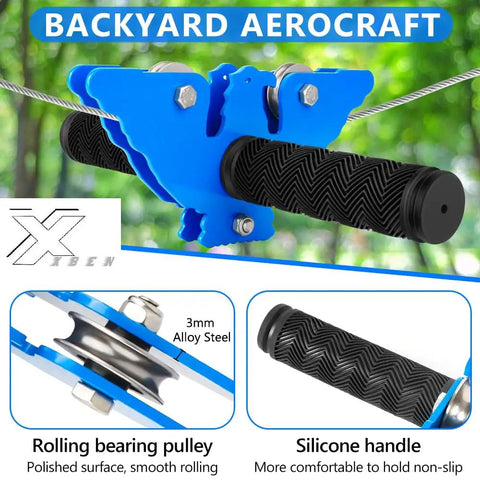 Backyard Zip Line Kit 75 Ft For Kids And Adults, blue pulley system with non-slip silicone handles