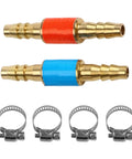 Gas Flow Control Set Of Two Flashback Arrestors With Four Clamps For Soldering And Welding Safety Brass And Stainless Steel Construction One Way Valve For Reliable Flame Control Must Have showing two brass arrestors with colored bands and clamps