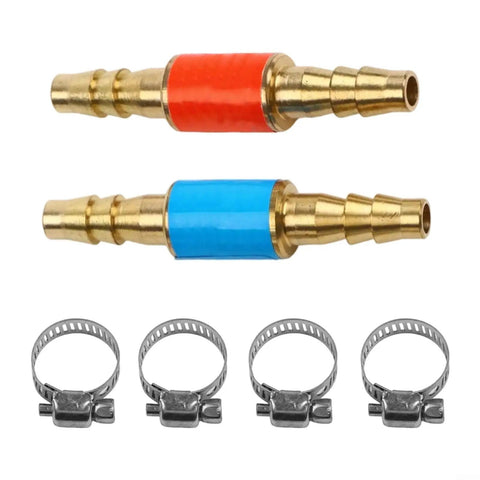 Gas Flow Control Set Of Two Flashback Arrestors With Four Clamps For Soldering And Welding Safety Brass And Stainless Steel Construction One Way Valve For Reliable Flame Control Must Have showing two brass arrestors with colored bands and clamps