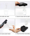 No Sweat Automatic Reptile Water Dispenser Featuring 13.5 Oz Gravity Auto Top Off showing step-by-step setup for use with water bottle.