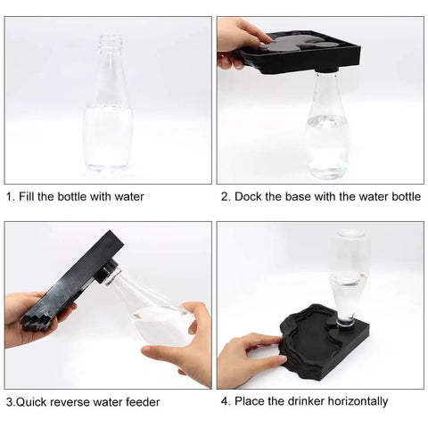 No Sweat Automatic Reptile Water Dispenser Featuring 13.5 Oz Gravity Auto Top Off showing step-by-step setup for use with water bottle.
