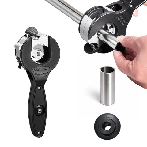 2 In 1 Ratcheting Pipe Cutter for tight spaces cutting copper and PVC pipes, includes tubing sizes 6 to 23mm and 8 to 29mm.