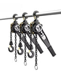 Heavy Duty Hand Pulled Hoist With Tightening Chain For 1.5 Ton Lifting Jobs, showing three hoists with chains and hooks.