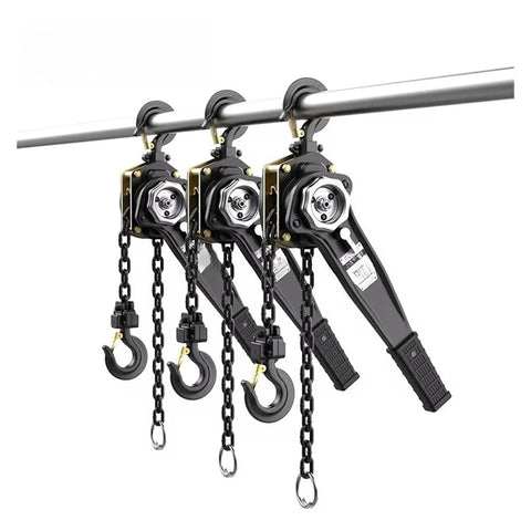 Heavy Duty Hand Pulled Hoist With Tightening Chain For 1.5 Ton Lifting Jobs, showing three hoists with chains and hooks.