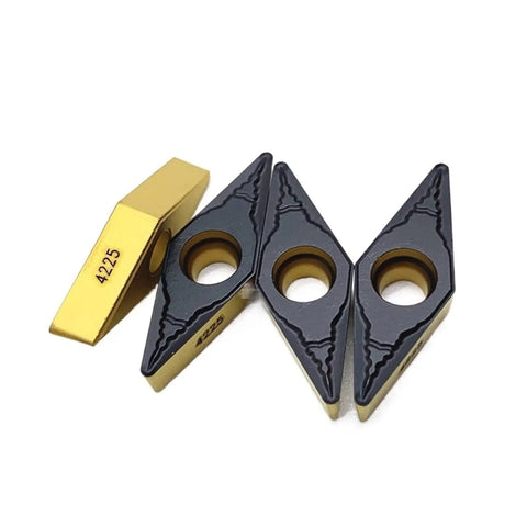 Heavy Duty Carbide Turning Indexable Inserts Vbmt160408 Pm4225 For Cnc Lathe Machine Metal Milling showing four pieces with gold and black design.