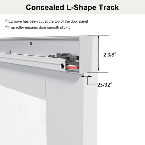 Concealed L-Shape track detail for 36 by 84 Inch Concealed Sliding Barn Door Featuring Frosted Glass Panels and Hidden Hardware.
