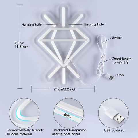 Diamond shaped Lit Neon Sign Led Acrylic Wall Light Decor with USB power, detailed size and material info for home or office display.