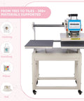 Pro Grade 16x24 Dual Platen Heat Press Machine With Pneumatic Digital Sublimation And Htv Tshirt Setup on sturdy cart with dual platens.
