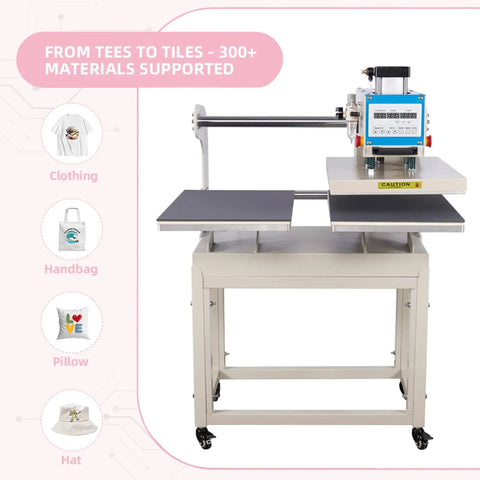 Pro Grade 16x24 Dual Platen Heat Press Machine With Pneumatic Digital Sublimation And Htv Tshirt Setup on sturdy cart with dual platens.