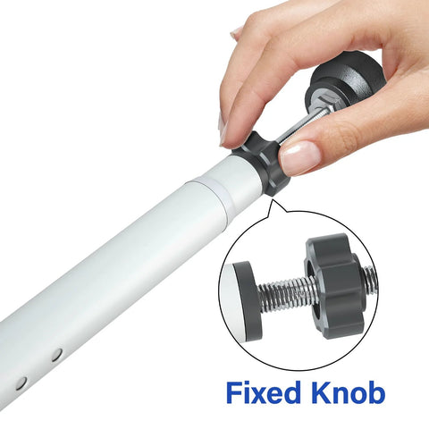 Close-up of adjustable white sliding glass door security bar with fixed knob, part of Two Pack Sliding Glass Door Security Bar Adjustable White Updated Model Fits 16.5 To 51 Inches For Home Safety And Childproofing