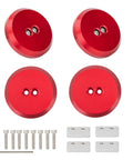 4 Piece Rock Solid Billet Aluminum Floor Jack Lift Adapters For Corvette C5 C6 C7 C8 Z06 Zr1 Grand Sport And Porsche 911 Boxster Cayman Non Slip Garage Pucks Set with red aluminum pucks and hardware.