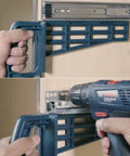 Universal Drawer Slide Jig Cabinet Hardware Installation Tool positioned on cabinet, being used with a drill for smooth drawer alignment.