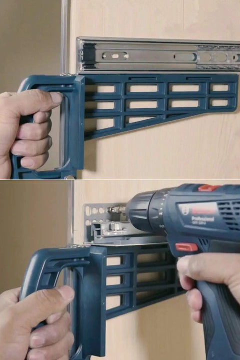 Universal Drawer Slide Jig Cabinet Hardware Installation Tool positioned on cabinet, being used with a drill for smooth drawer alignment.