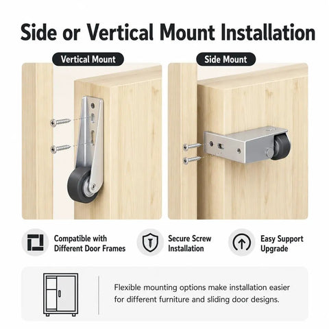 Heavy Duty Vertical Track Roller Wheels For Sliding Closet Doors With Slick Rubber Casters mounted in vertical and side configurations.